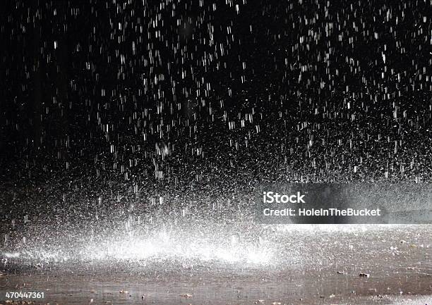 Massive Rainfall On Asphalt From A Broken Gutter Under Cloudburst Stock Photo - Download Image Now