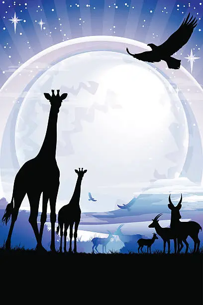 Vector illustration of African Giraffes and antelopes silhouettes safari against Kilimanjaro at night
