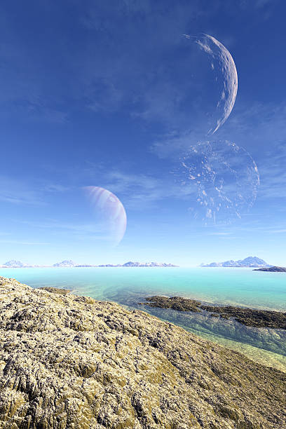 istock 3D rendered fantasy alien planet. Rocks and lake 470451622