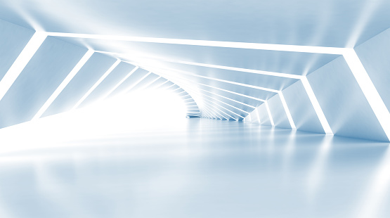 Abstract empty illuminated light blue shining corridor interior, 3d render illustration