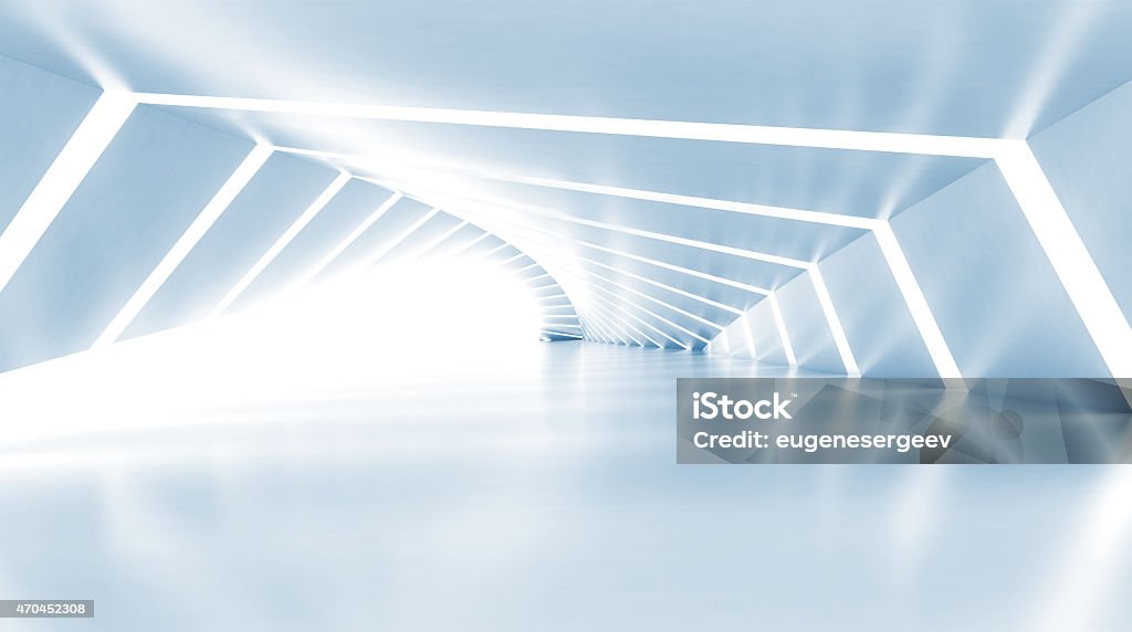 Abstract empty illuminated light blue shining corridor, 3d Abstract empty illuminated light blue shining corridor interior, 3d render illustration Backgrounds Stock Photo