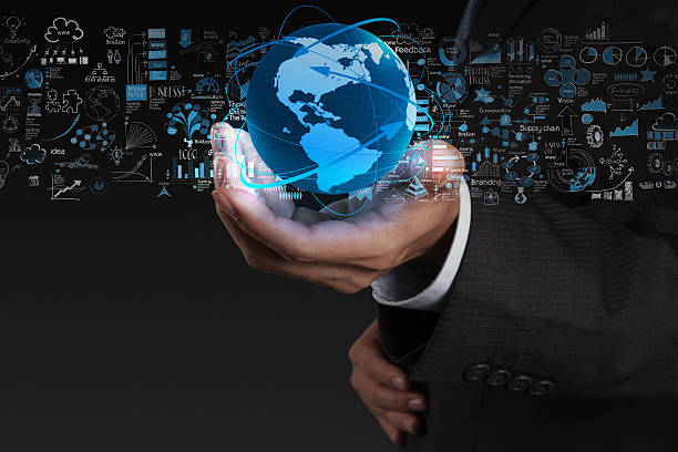 istock businessman showing the earth 3d and  social network structure a 470453453