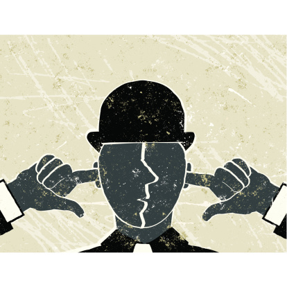 I Can't Hear You!  A stylized vector cartoon of a businessman with his fingers in his ears reminiscent of an old screen print poster and suggesting oblivious, ignore, loneliness, censorship, mute or not listening. Man, hat, hands, paper texture, and background are on different layers for easy editing. Please note: clipping paths have been used, an eps version is included without the path.