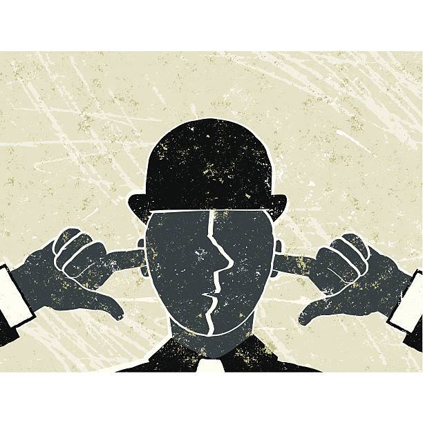 I Can't Hear You! Businessman with Fingers in Ears I Can't Hear You!  A stylized vector cartoon of a businessman with his fingers in his ears reminiscent of an old screen print poster and suggesting oblivious, ignore, loneliness, censorship, mute or not listening. Man, hat, hands, paper texture, and background are on different layers for easy editing. Please note: clipping paths have been used, an eps version is included without the path. ignorant stock illustrations