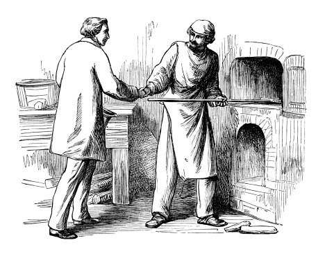 A Victorian baker greeting a visitor to his bakery. From “Stories For The Household” by Hans Christian Andersen. Illustrations by A.W. Bayes; engravings by Dalziel brothers. Published by George Routledge & Sons Ltd of London, Glasgow, Manchester and New York in 1891.