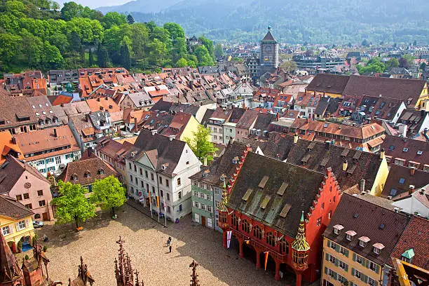 Bird eye view of buildings in Freiburg im Breisgau city, Baden-Wuerttemberg state, Germany