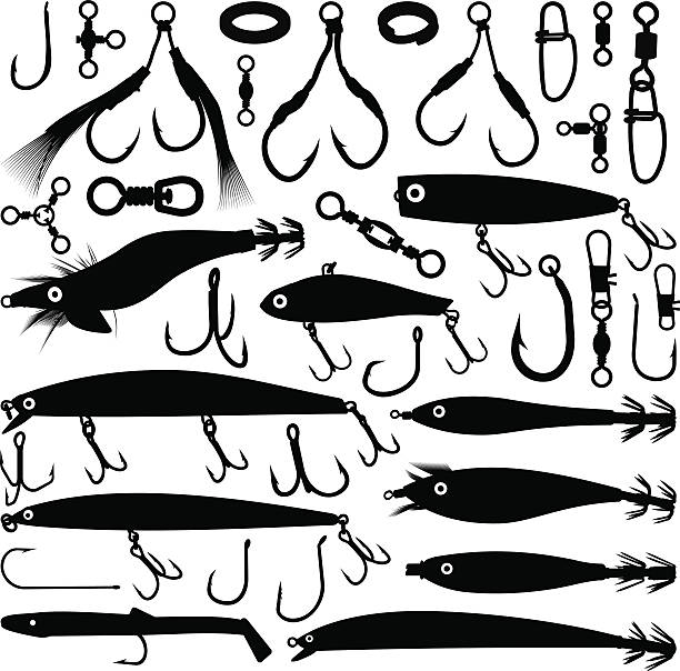 ilustraciones, imágenes clip art, dibujos animados e iconos de stock de lure siluetas de pesca - minnow