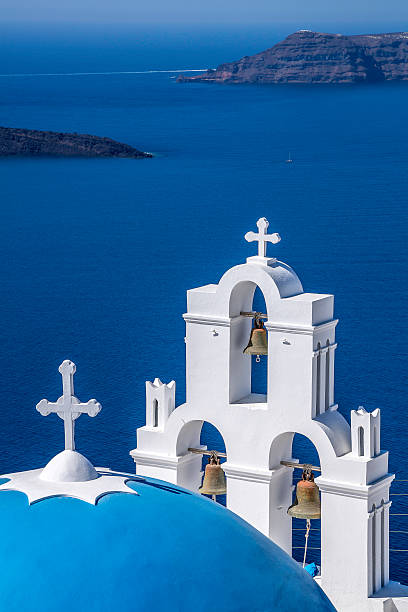 istock Chapel on Santorini Island, blue dome, Greece 470456237