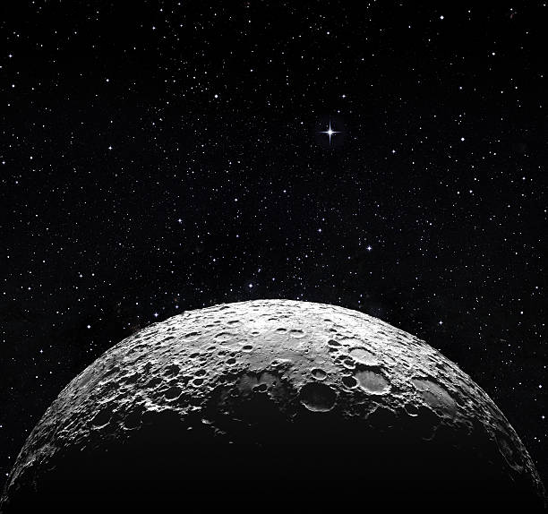 half moon surface and starry space 3d rendering, moon surface.. moon surface stock pictures, royalty-free photos & images