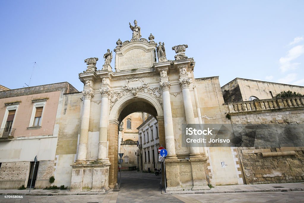 Porta Rudiae in Lecce, Apulia, Italy Porta Rudiae, one of the three gates to the historical center of Lecce, Apulia, Italy, dedicated to Saint Oronzo of Lecce. 2015 Stock Photo