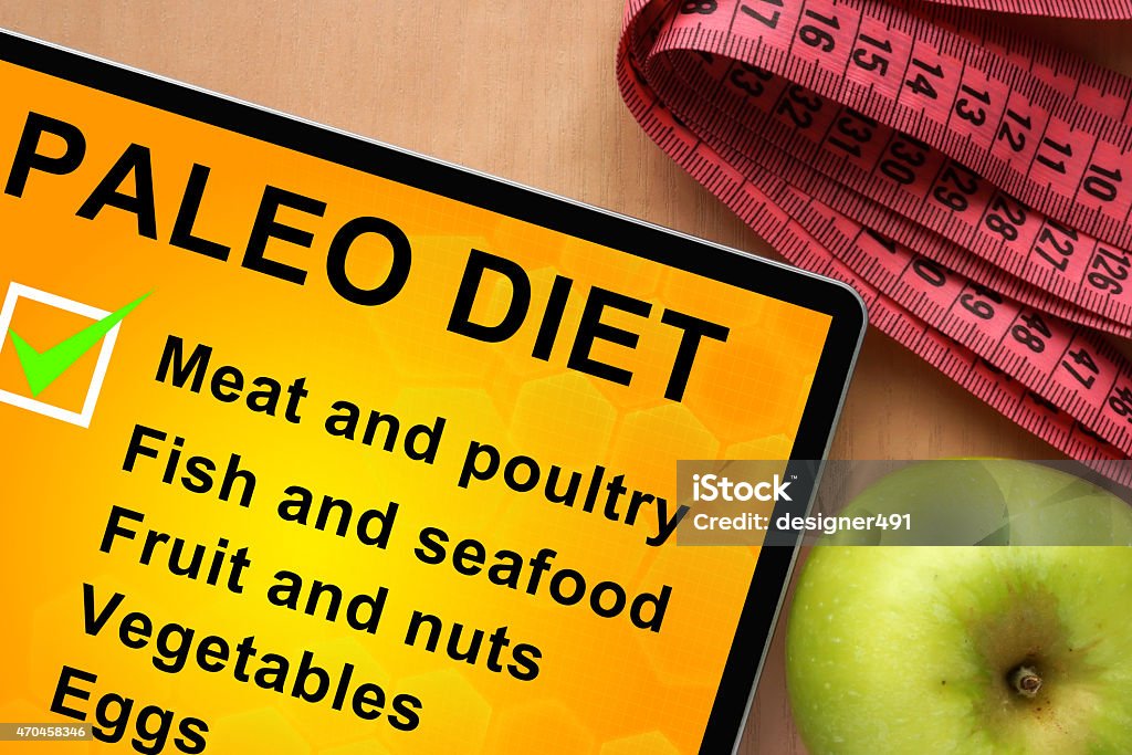 Tablet with paleo diet food list Tablet with paleo diet food list   Paleo Diet Stock Photo