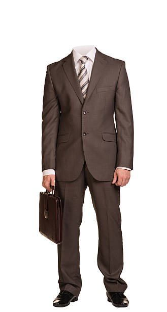 istock Businessman in suit without head, standing and holding suitcase. Isolated 470460938