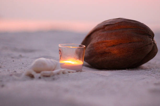 Candle and Coconut on the Beach Candle and Coconut on the Beach with a Sea Shell and Ocean in the background shoulder stand stock pictures, royalty-free photos & images