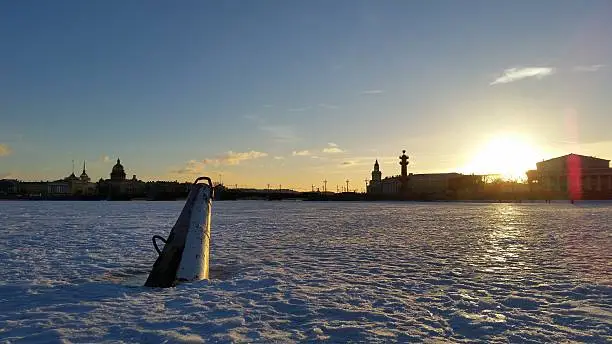 frozen Neva River sunset in Saint Petersburg Russia