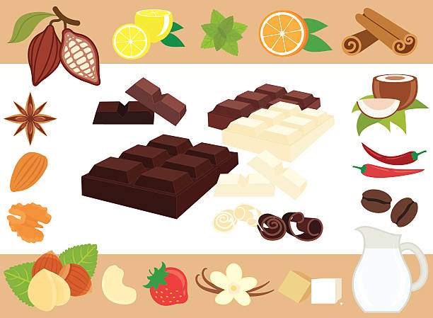 illustrazioni stock, clip art, cartoni animati e icone di tendenza di cioccolato i gusti - chocolate almond foods and drinks white chocolate