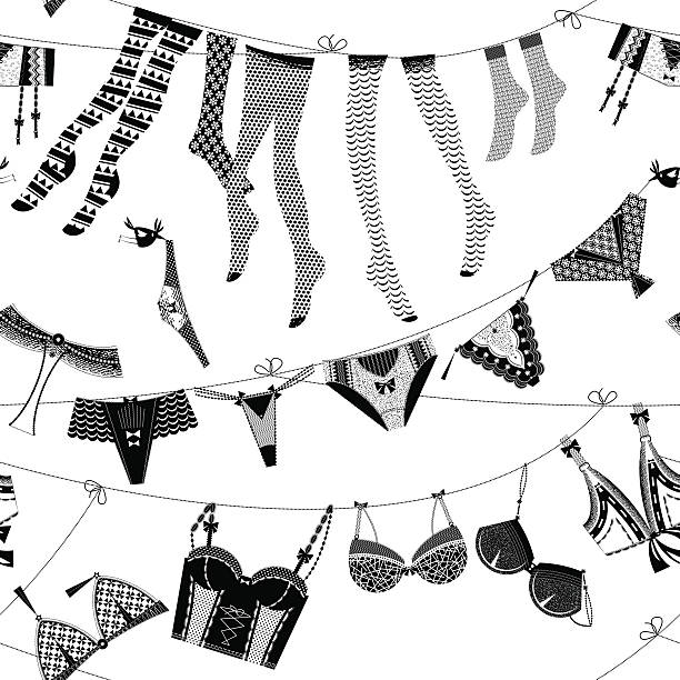 Laundry drying on a washing lines. Seamless background pattern. Laundry drying on a washing lines. Black and white lingerie. Seamless background pattern. Vector illustration. vintage garter belt stock illustrations