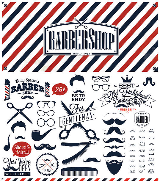 Black, white and red barber sign with retro barber symbols Set of vintage barber shop emblems, label, badges and designed elements. barber illustrations stock illustrations