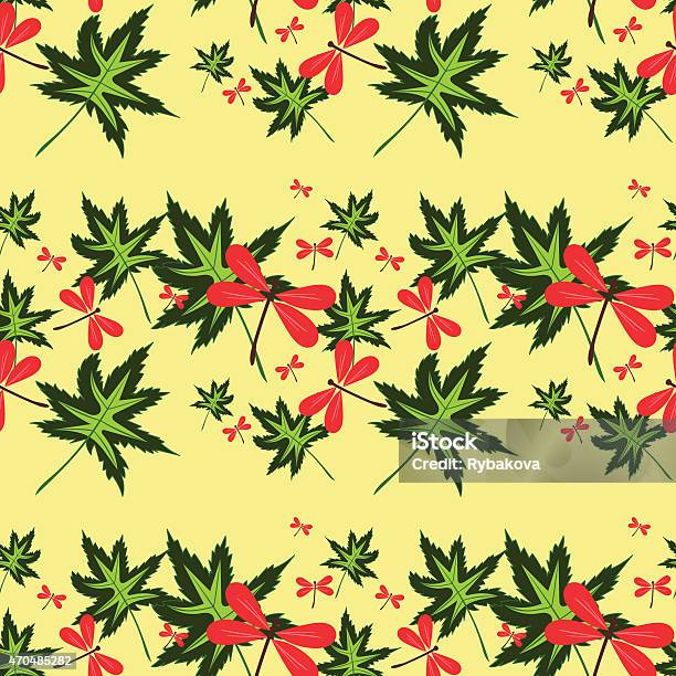 Seamless Pattern With Leaves And Dragonflies2 Stock Illustration - Download Image Now - 2015, Animal, Animal Body Part