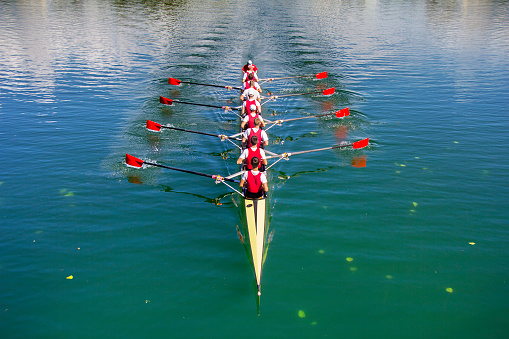 Zagreb, Croatia - September 21, 2014: Young athletes train rowing on the Lake Jarun