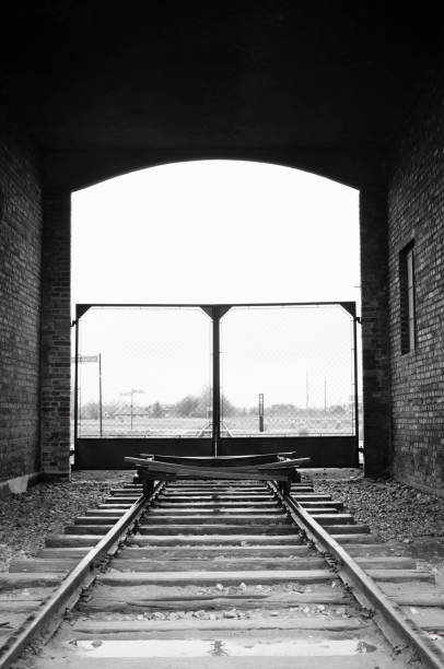 entrada de trenes de camp auschwitz ii; birkenau en polonia - adolf hitler displaced persons camp concentration fascism fotografías e imágenes de stock