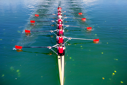 Zagreb, Croatia - September 21, 2014: Young athletes train rowing on the Lake Jarun