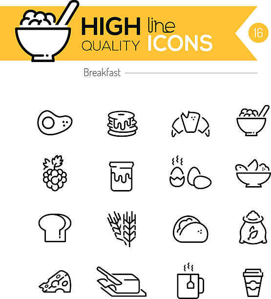 ilustraciones, imágenes clip art, dibujos animados e iconos de stock de la línea serie del desayuno los iconos - coffee whole wheat food bread
