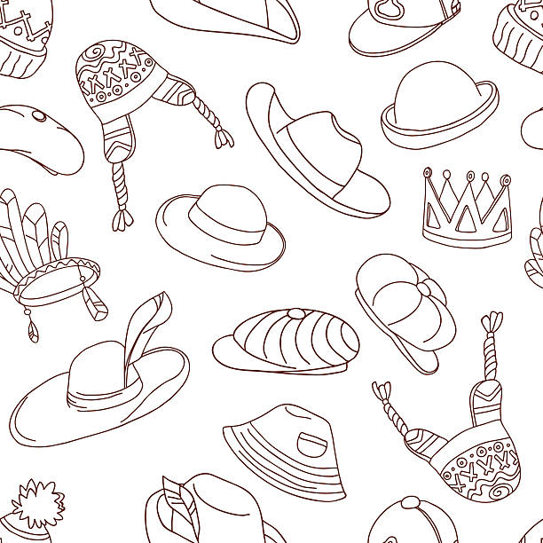 illustrations, cliparts, dessins animés et icônes de motif sans couture avec des gribouillis chapeaux - cowboy hat personal accessory equipment headdress