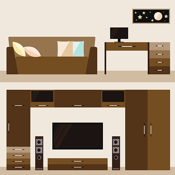 illustrazioni stock, clip art, cartoni animati e icone di tendenza di illustrazione in stile piatto alla moda con interni camera beige marrone - horizontal illustration and painting wall speaker