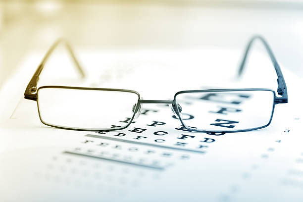 istock Clear Black modern glasses on a eye sight test chart 470509744