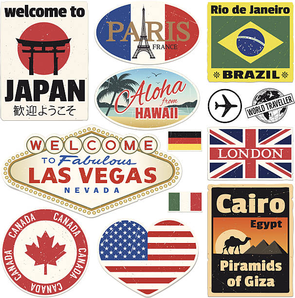 багажа винтаж наклейки на путешествия - suitcase label travel luggage stock illustrations