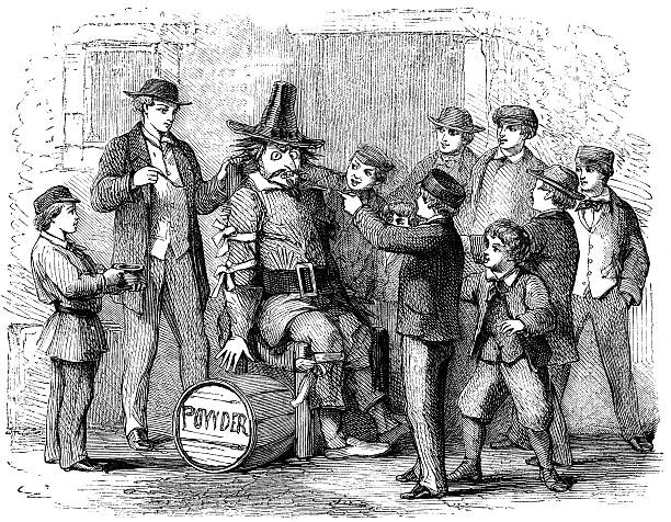 Guy Fawkes for Bonfire Night An engraved illustration image of boys with a Guy Fawkes dummy preparing to celebrate the 5th of November Gunpowder plot on Bonfire Night from a Victorian book dated 1870 that is no longer in copyright firework explosive material illustrations stock illustrations