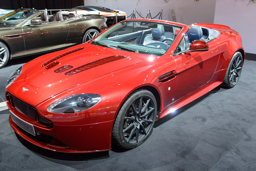 Amsterdam, The Netherlands - April 16, 2015: Aston Martin V12 Vantage S Roadster convertible sports car on display during the 2015 Amsterdam motor show.