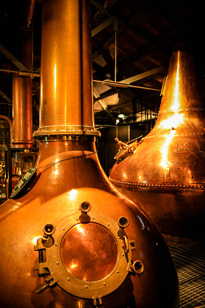 Copper Whiskey vats at a distillery Dublin, Eire - November 18, 2013: Copper fermentation vats at an Irish Whiskey distillery distillery stock pictures, royalty-free photos & images