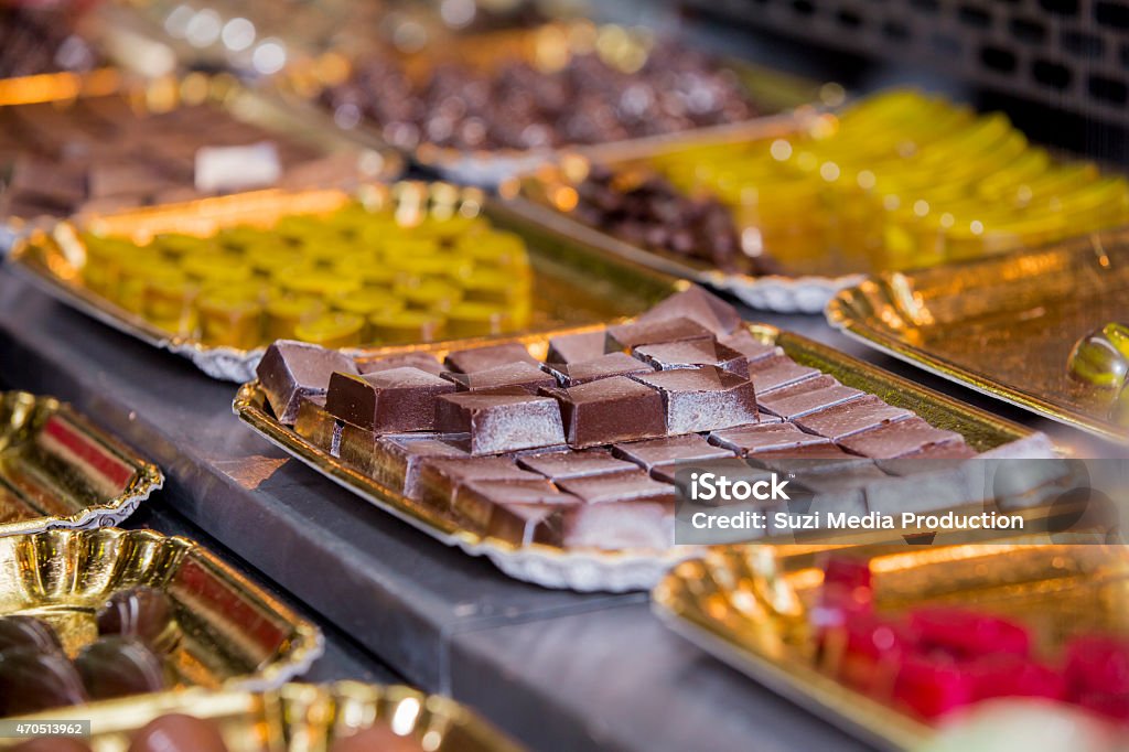 Assortment of chocolates Assortment of chocolates in the shop window 2015 Stock Photo