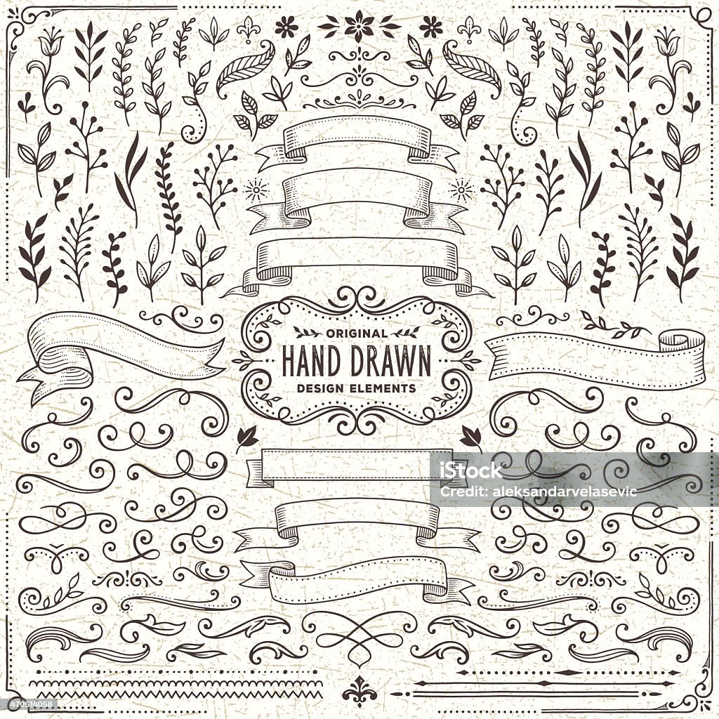 Hand Drawn Banners, Leaves,Flowers, Branches and Swirls Hand drawn banners,leaves,flowers,branches and swirls over textured background.More works like this linked below. Frame - Border stock vector