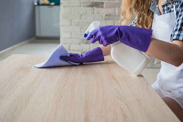 mujer limpieza de manos de mesa - chores wood wet indoors fotografías e imágenes de stock