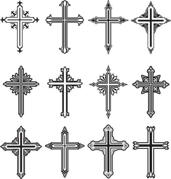 Christian Cross Black and White royalty free vector icon set Christian Cross Black and White icon Set catholic cross stock illustrations