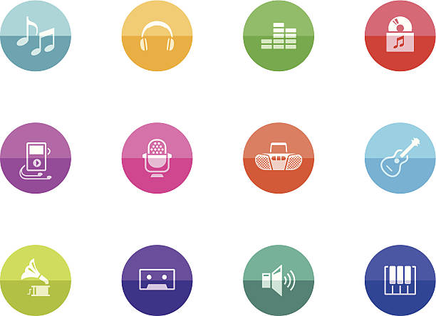 Flat Circle Icons - Music Music icons in color circles. EPS 10. AI, PDF & transparent PNG of each icon included. personal compact disc player stock illustrations
