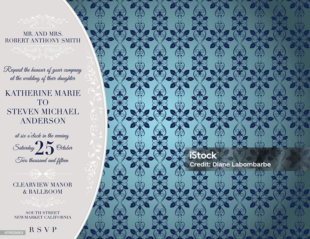 Elegant damask Wedding Invitation Template Elegant damask event invitation template. Four layers for easier editing. Floral lace pattern in background with a curved frame on left side for text. Design is horizontally oriented.  Blue and silver 2015 stock vector