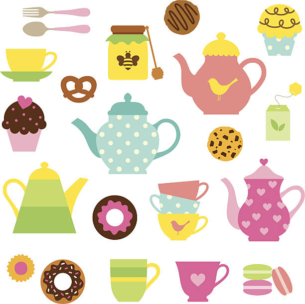 ilustraciones, imágenes clip art, dibujos animados e iconos de stock de juego de té - spoon honey cute jar