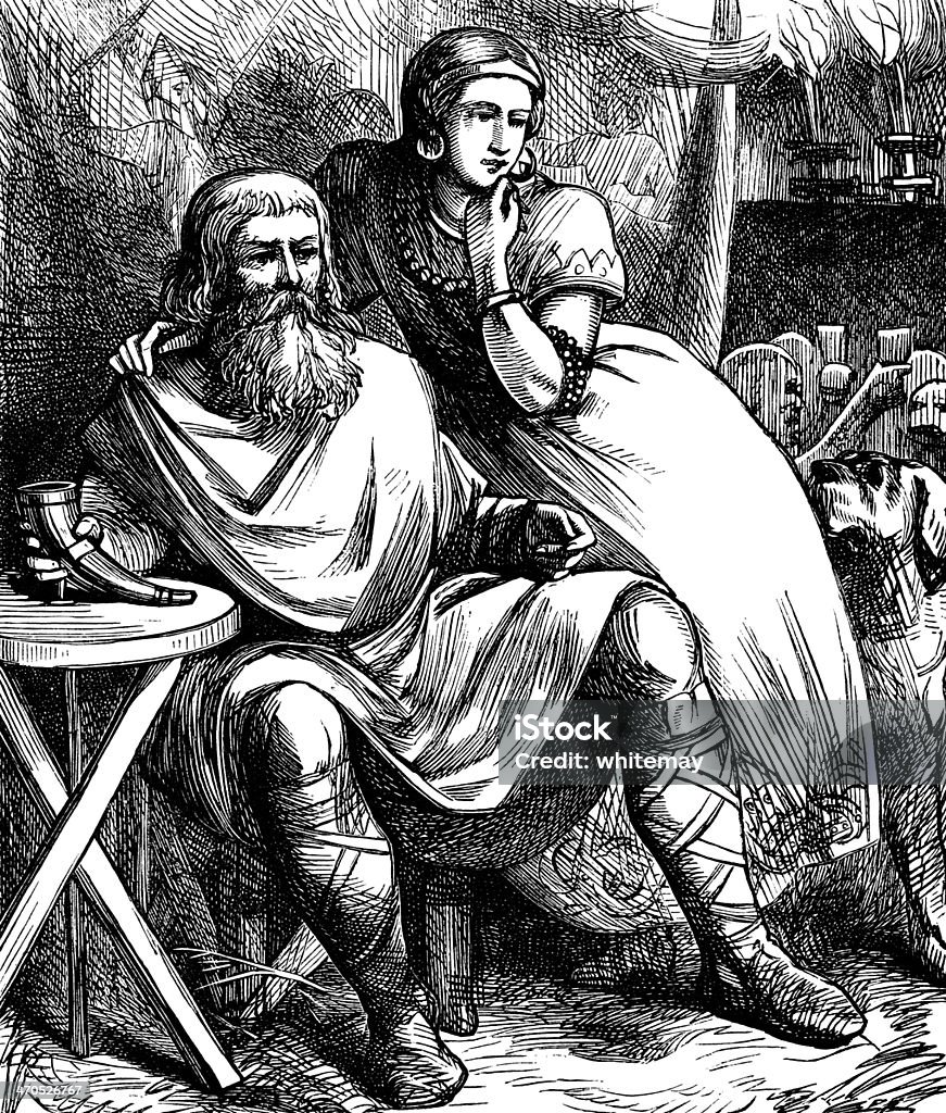 Viking man and woman Male and female Vikings, indoors with a drink and a dog. A feast appears to be taking place in the background. From “Stories For The Household” by Hans Christian Andersen. Illustrations by A.W. Bayes; engravings by Dalziel brothers. Published by George Routledge & Sons Ltd of London, Glasgow, Manchester and New York in 1891. Viking stock illustration