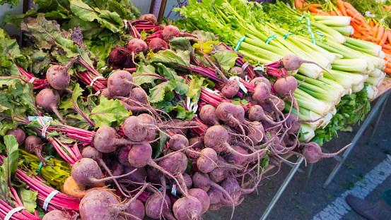 Beets, cilantro, radishes, celery, carrots and kale all adorn this vendor's tables at the farmers market.