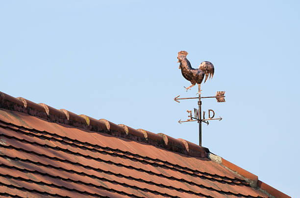 copper weathercock auf dem dach - roof roof tile rooster weather vane stock-fotos und bilder