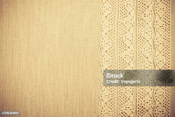 Lace Ribbon On Linen Cloth Background Stock Photo - Download Image Now - 2015, Art And Craft, Backgrounds