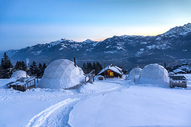 winter igloos whitepod - igloo сто�ковые фото и изображения
