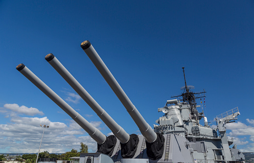 View of the sixteen inch guns on the Rear main deck of the historic battleship USS Missouri, anchored at Pearl Harbor.