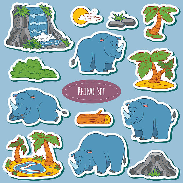 набор различных милый rhino, вектор наклейки животных - clip art waterfall tree illustration and painting stock illustrations