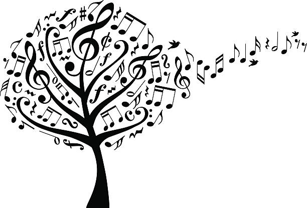 music tree with notes, vector music tree with treble clefs and flying musical notes, vector illustration conceptional stock illustrations