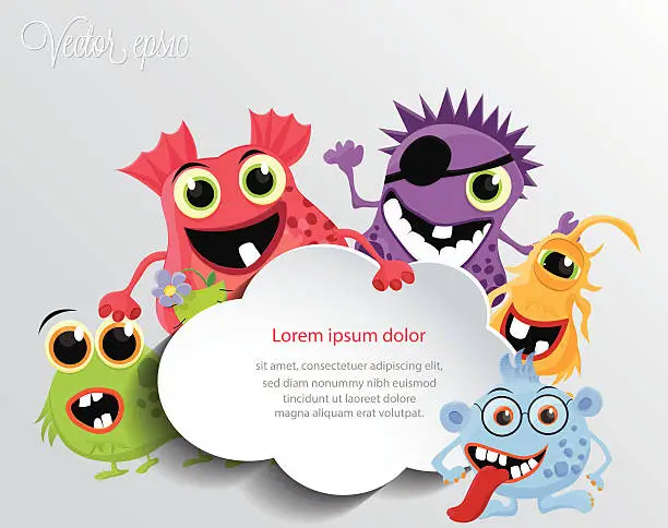 Vector illustration of Cute monsters with a speech cloud.