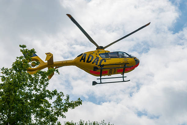 ADAC Rescue Helicopter Monschau, Germany - May 18, 2007: ADAC medical helicopter taking off from a car park next to a hospital in the town of Monschau, Germany. adac stock pictures, royalty-free photos & images